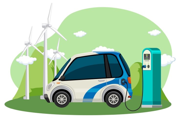 Illustration of an electric car charging at a station, with wind turbines in the background. Green energy theme conveys sustainability and innovation