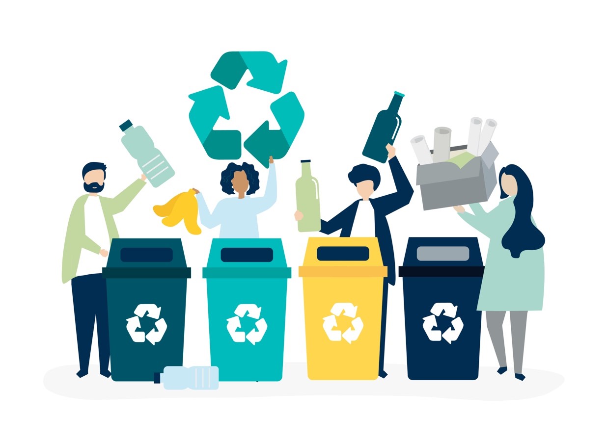 Illustration of diverse people recycling, holding plastic, glass, and paper. They stand by colored bins with a green recycle symbol overhead, conveying eco-friendliness.